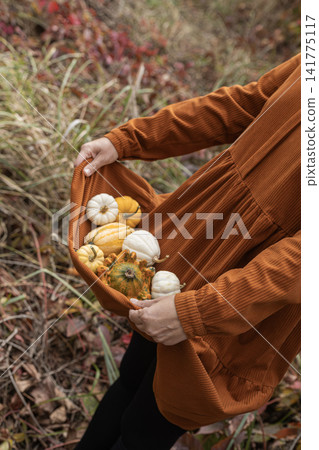 Woman holding wicker basket of white and orange pumpkins in autumn field Woman holding wicker basket of white and orange pumpkins in autumn field 141775117
