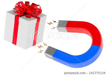 Horseshoe magnet attracting gift box. 3D rendering 141775134