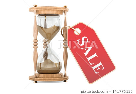 Hourglass with sale tag for limited time discount. 3D rendering Hourglass with sale tag for limited time discount. 3D rendering 141775135