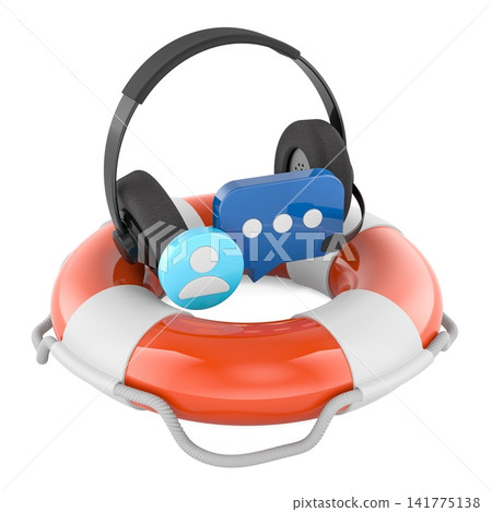 Lifebuoy with headset and customer support icons. Help desk, emergency assistance and client communication, 3d rendering Lifebuoy with headset and customer support icons. Help desk, emergency assistance and client communication, 3d rendering 141775138
