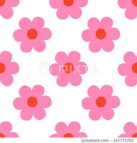 Seamless pattern with cute pink retro flowers. Simple floral repeat for fabric, textile, wrapping paper, wallpaper, stationery, scrapbook, packaging and surface design. Flat vector illustration Seamless pattern with cute pink retro flowers. Simple floral repeat for fabric, textile, wrapping paper, wallpaper, stationery, scrapbook, packaging and surface design. Flat vector illustration 141775783