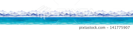 Watercolor panoramic illustration with a seamless repeating coastal design with layers of distant misty mountain ridges above a wide turquoise sea. Isolated. Horizontal seamless border for endless Watercolor panoramic illustration with a seamless repeating coastal design with layers of distant misty mountain ridges above a wide turquoise sea. Isolated. Horizontal seamless border for endless 141775907