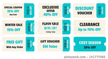 Discount coupon ticket template set with barcode stub design for gift voucher layout Discount coupon ticket template set with barcode stub design for gift voucher layout 141775985