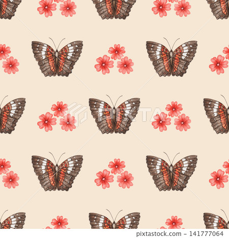 Scarlet Peacock butterflies with red flower staggered seamless pattern on beige background. Hand drawn watercolor floral bloom. Summer design for fabric or wallpaper. Botanical repeat textile decor. 141777064