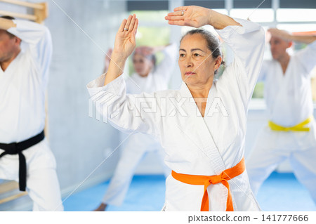 Senior students perform basic movements and repeat to hold pose, learning technique of kata Senior students perform basic movements and repeat to hold pose, learning technique of kata 141777666