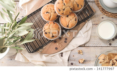 Fresh chocolate chip muffins on a wire cooling rack with milk and green branch Fresh chocolate chip muffins on a wire cooling rack with milk and green branch 141777997