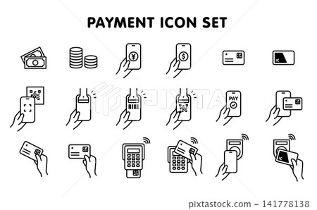 Payment icon set (cash, credit card, e-money, QR code payment) - monochrome Payment icon set (cash, credit card, e-money, QR code payment) - monochrome 141778138