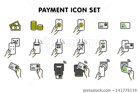 Payment icon set (cash, credit card, e-money, QR code payment) - Color 141778139