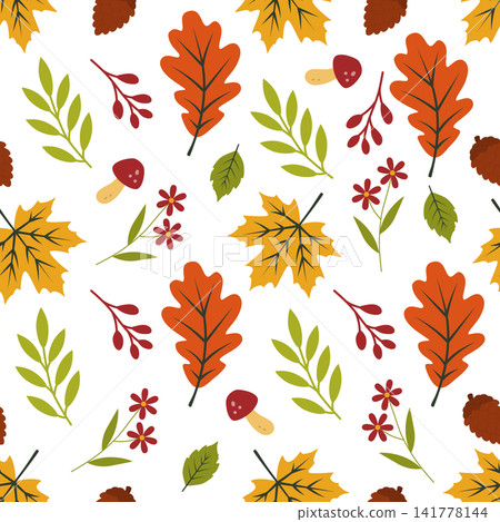 Autumn seamless pattern with oak leaves maple leaves berries mushrooms pine cones and botanical elements Autumn seamless pattern with oak leaves maple leaves berries mushrooms pine cones and botanical elements 141778144