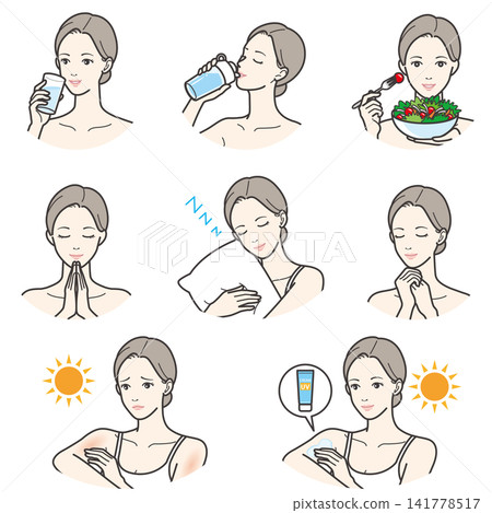 一組描繪女性養成健康生活習慣和做好紫外線防護的插圖。 141778517