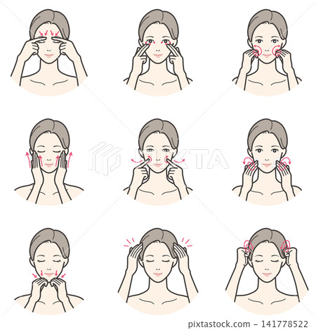 A set of illustrations for women on acupressure, facial massage, and scalp massage. A set of illustrations for women on acupressure, facial massage, and scalp massage. 141778522