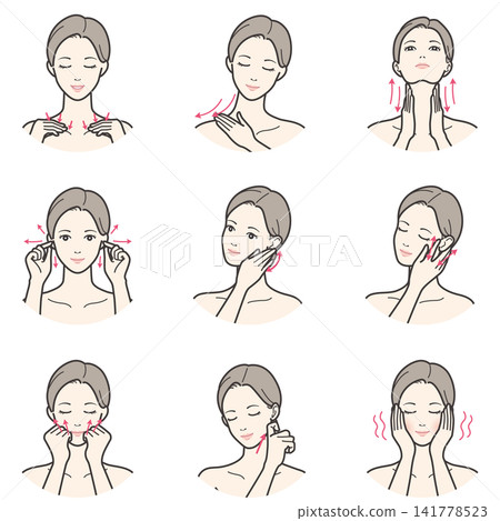 一組用於按摩女性頸部、胸前和耳部的插圖。 一組用於按摩女性頸部、胸前和耳部的插圖。 141778523