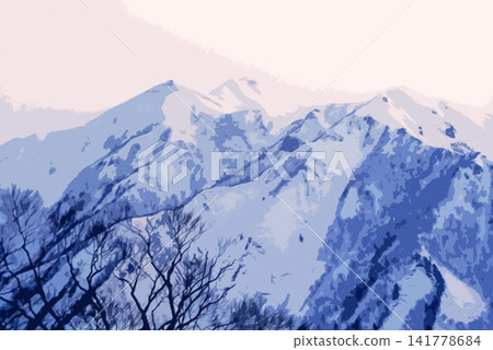 An oil painting-style illustration of a snow-capped mountain range against a pink sunset sky. 141778684