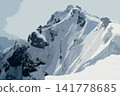 一幅油畫風格的插圖，描繪了冬季白雪皚皚的山脈。 141778685