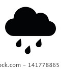 Rain cloud silhouette icon isolated on white background. Black symbol of rainy weather and falling raindrops.  141778865