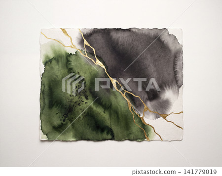 日式現代背景,以斜向分割的抹茶綠和墨汁水彩以及金繕線條為特色。 日式現代背景,以斜向分割的抹茶綠和墨汁水彩以及金繕線條為特色。 141779019