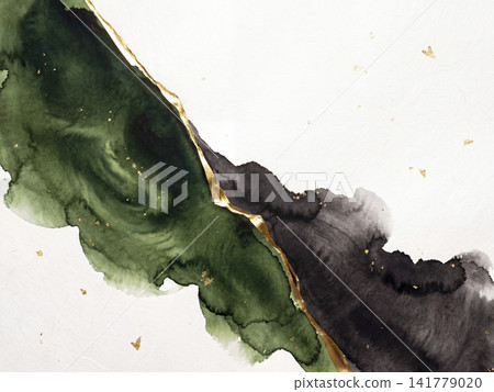 A Japanese modern background featuring diagonally divided matcha green and sumi ink watercolors and kintsugi lines. 141779020