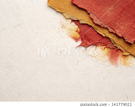 In the upper right corner, there is an autumn background with layers of torn amber and vermilion Japanese paper and gold powder. In the upper right corner, there is an autumn background with layers of torn amber and vermilion Japanese paper and gold powder. 141779021