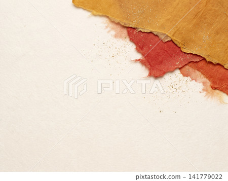 In the upper right corner, there is an autumn background with layers of torn amber and vermilion Japanese paper and gold powder. In the upper right corner, there is an autumn background with layers of torn amber and vermilion Japanese paper and gold powder. 141779022