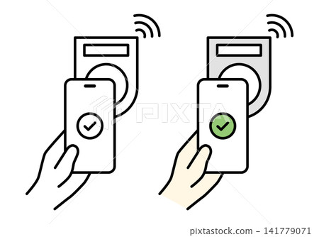 一組插圖(黑白和彩色),展示了將智慧型手機放在 NFC 支付終端上方的情況。 一組插圖(黑白和彩色),展示了將智慧型手機放在 NFC 支付終端上方的情況。 141779071