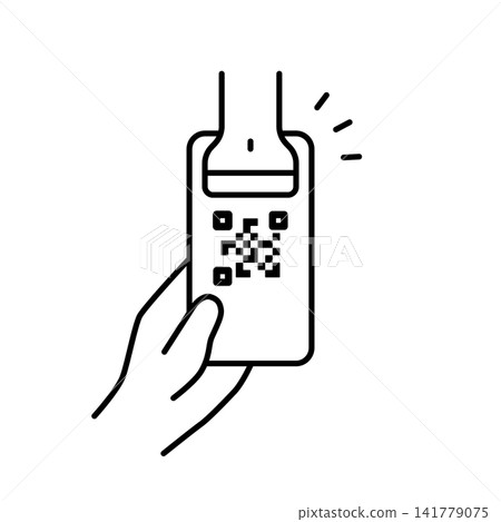 用條碼掃描器在智慧型手機上掃描二維碼的單色插圖。 用條碼掃描器在智慧型手機上掃描二維碼的單色插圖。 141779075