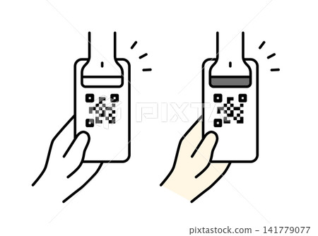 A set of illustrations (monochrome and color) showing how to scan a smartphone's QR code with a barcode scanner. A set of illustrations (monochrome and color) showing how to scan a smartphone's QR code with a barcode scanner. 141779077
