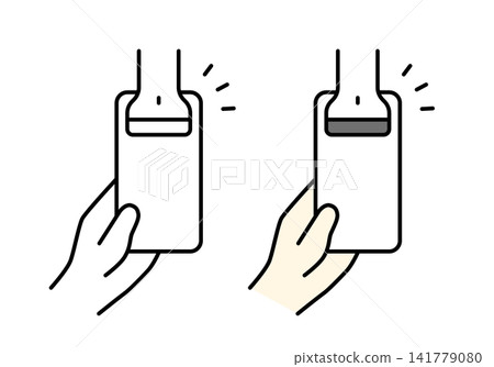 A set of illustrations (monochrome and color) showing a smartphone screen being scanned with a barcode scanner. A set of illustrations (monochrome and color) showing a smartphone screen being scanned with a barcode scanner. 141779080