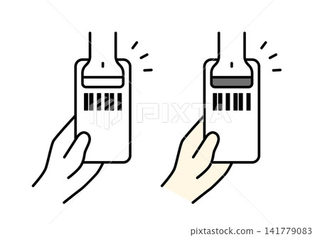 A set of illustrations (monochrome and color) showing how to scan a smartphone barcode with a barcode scanner. A set of illustrations (monochrome and color) showing how to scan a smartphone barcode with a barcode scanner. 141779083
