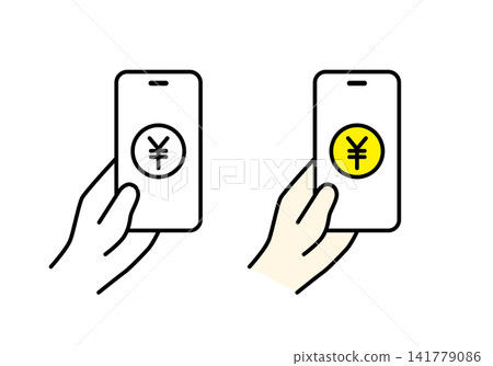 A set of illustrations (monochrome and color) of a handheld smartphone displaying a yen symbol on its screen. A set of illustrations (monochrome and color) of a handheld smartphone displaying a yen symbol on its screen. 141779086