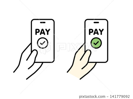 A set of illustrations (monochrome and color) of a handheld smartphone displaying the "PAY" and "Complete" icons on the screen. A set of illustrations (monochrome and color) of a handheld smartphone displaying the "PAY" and "Complete" icons on the screen. 141779092