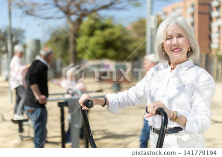 Group of retired friends perform exercises on outdoor simulators exercise equipment 141779194