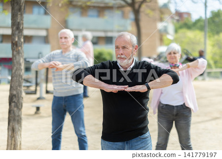 Group of elderly people perform arm swinging exercise physical activity outdoors. Group of elderly people perform arm swinging exercise physical activity outdoors. 141779197