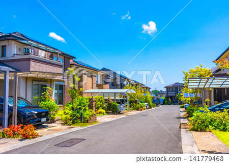An eco-town with underground power lines and solar power generation. An eco-town with underground power lines and solar power generation. 141779468