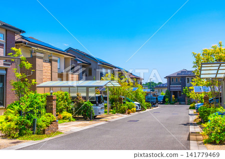 An eco-town with underground power lines and solar power generation. An eco-town with underground power lines and solar power generation. 141779469