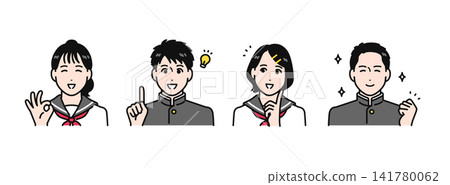 一組簡單的向量插圖,描繪了穿著校服(學生製服和水手服)的中學生看起來很開心。 一組簡單的向量插圖,描繪了穿著校服(學生製服和水手服)的中學生看起來很開心。 141780062