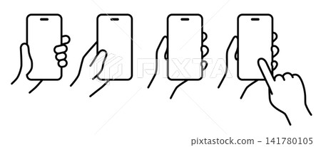 一系列握持智慧型手機的手部姿勢 | 黑白 141780105