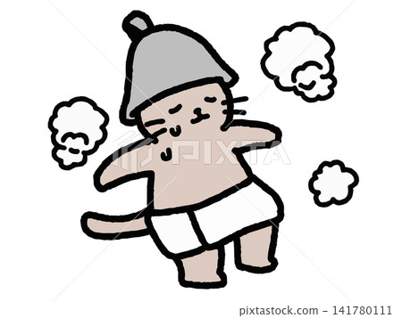 An illustration of a cat wearing a sauna hat and relaxing in a sauna. An illustration of a cat wearing a sauna hat and relaxing in a sauna. 141780111