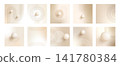 Set of square nude gradient backgrounds with warm beige, cream and pearl tones. Abstract 3D spheres, boho details and elegant line arch elements create modern vector designs for social media posts. 141780384