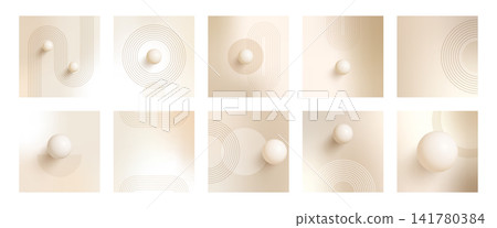 Set of square nude gradient backgrounds with warm beige, cream and pearl tones. Abstract 3D spheres, boho details and elegant line arch elements create modern vector designs for social media posts. Set of square nude gradient backgrounds with warm beige, cream and pearl tones. Abstract 3D spheres, boho details and elegant line arch elements create modern vector designs for social media posts. 141780384