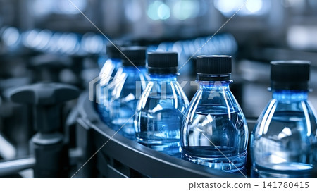 Blue plastic water bottles moving on factory production line Blue plastic water bottles moving on factory production line 141780415