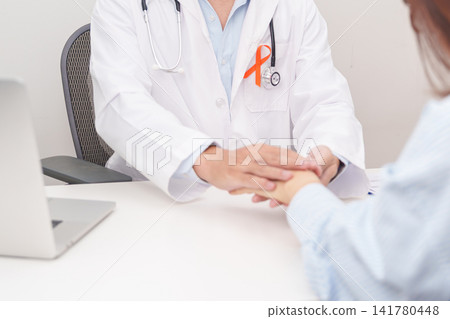 professional doctor holding patient hand to comfort for February World Cancer Day, September Leukemia, March Kidney, August Appendix, MS, Self Injury, November CRPS and COPD disease concept professional doctor holding patient hand to comfort for February World Cancer Day, September Leukemia, March Kidney, August Appendix, MS, Self Injury, November CRPS and COPD disease concept 141780448
