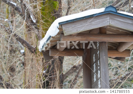 冬季公園裡一塊被雪覆蓋的木製路牌 冬季公園裡一塊被雪覆蓋的木製路牌 141780555