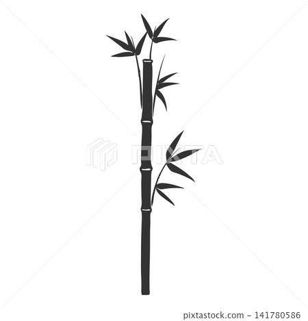 Bamboo branch black silhouette drawing, Asian nature floral design element vector icon, tropical forest plant foliage 141780586