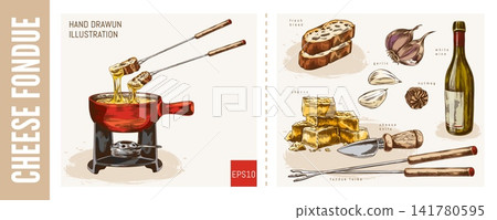 Cheese fondue sketch vector banner, hand drawn melted cheese with bread slice on fondue forks and bowl, wine and garlic Cheese fondue sketch vector banner, hand drawn melted cheese with bread slice on fondue forks and bowl, wine and garlic 141780595