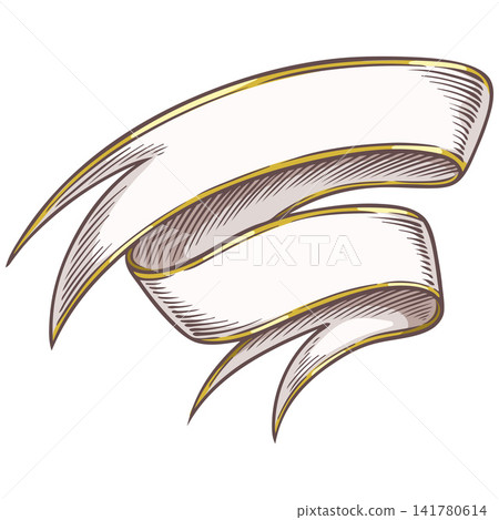 A curved ribbon banner with forked ends and a gold border. A curved ribbon banner with forked ends and a gold border. 141780614