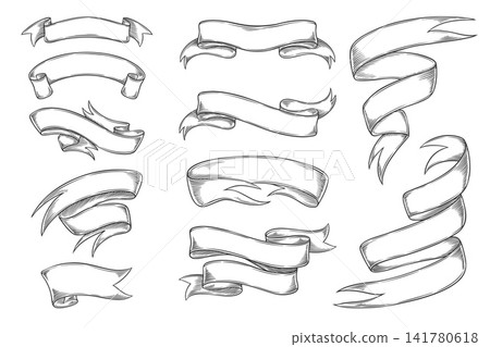 Ribbon banner sketch style collection vector set, vintage ribbon title banner, hand drawn engraved curly headline frames Ribbon banner sketch style collection vector set, vintage ribbon title banner, hand drawn engraved curly headline frames 141780618