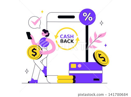 Cashback Illustration Featuring Mobile Reward Program, Digital Payment Savings, Online Shopping Benefits, Loyalty Offers, and Financial Incentives Cashback Illustration Featuring Mobile Reward Program, Digital Payment Savings, Online Shopping Benefits, Loyalty Offers, and Financial Incentives 141780684