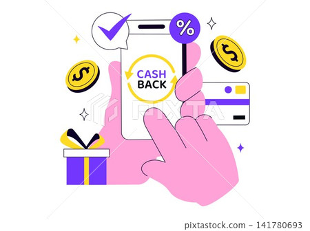 Cashback Illustration Featuring Mobile Reward Program, Digital Payment Savings, Online Shopping Benefits, Loyalty Offers, and Financial Incentives 141780693