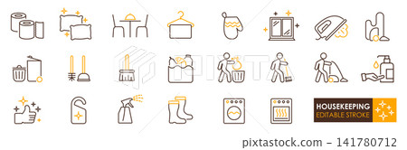 Housekeeping icons set with cleaning tools, supplies, and activities for home maintenance and hygiene, simple line art style Housekeeping icons set with cleaning tools, supplies, and activities for home maintenance and hygiene, simple line art style 141780712