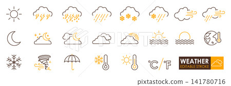 Weather icon weather symbol weather line sun icon cloud icon rain icon snow icon thunderstorm icon wind icon moon icon 141780716